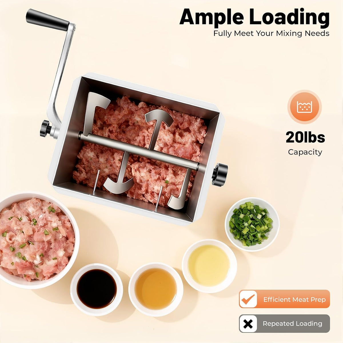 Meat Mixer 20 lbs Load Capacity Stainless Steel Manual Meat Mixer with Grab Handle for Mixing Meat Sausage