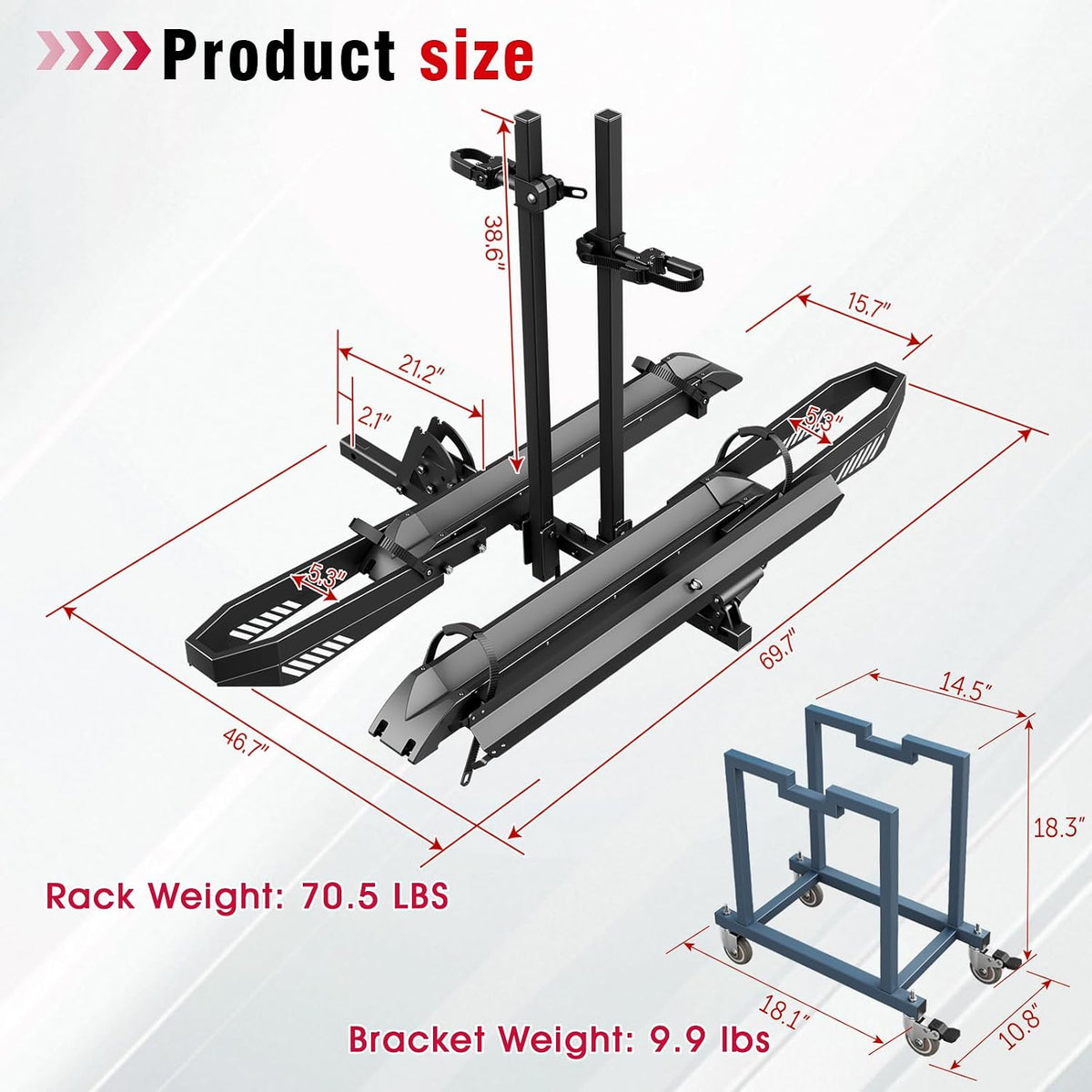 Ebike Rack with Ramp, Foldable Bike Rack for Tow Hitch, Heavy Duty Bike Carrier for 2 Fat Tire Bikes with 300LBS Load Capacity - Fits SUV, Truck, RV, Trailer