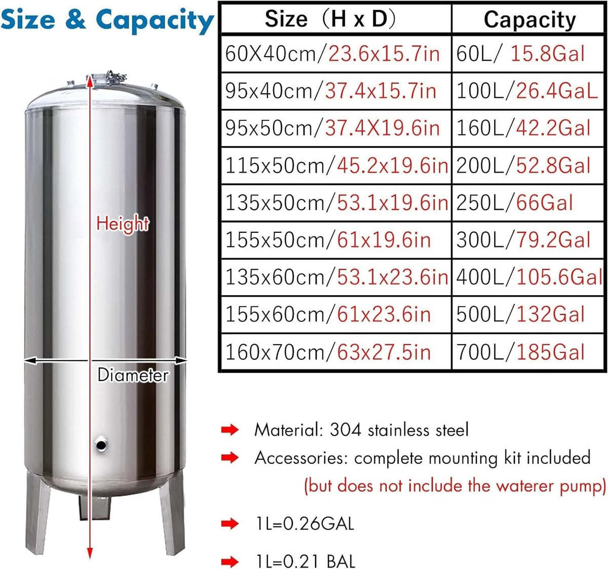 Well Pressure Tank 60gal 50gal 40gal 26gal Deep Well Pressure Tank with Installation Kit, Home/Garden Water Storage Tanks Pressurized Stainless Steel for Well Pump(60L/15.8GAL/23.6X15.7IN)