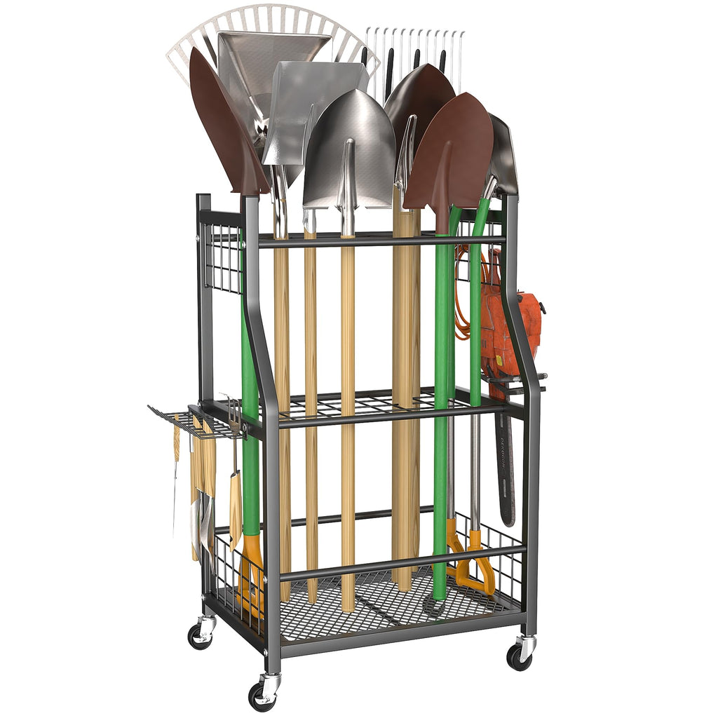 WALMANN Garden Tool Organizer with Wheels, Rakes/Shovels/Yard Tools Stand
