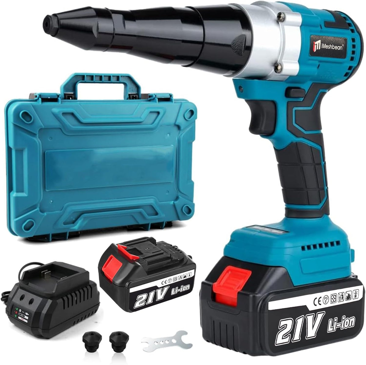 Cordless Rivet Gun,Portable 21V Lithium Battery Electric Automatic Core Pulling Rivet Gun,Professional Brushless Blind Riveter Tool Kit for Rivets 2.4/3.2/4.0/4.8 mm,with 3.0Ah Battery (2 batteries)