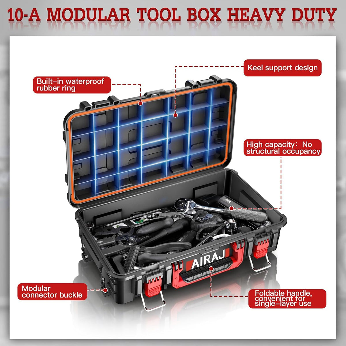 AIRAJ 3 Tier Rolling Tool Box Heavy Duty, Stackable Tool Box with Wheels