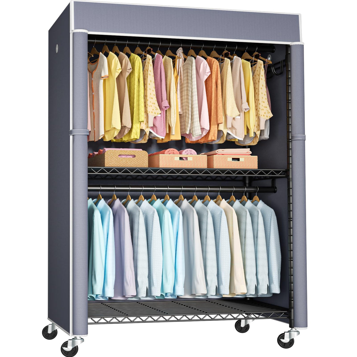 FUTASSI Black Clothing Rack with Black Cover, P1C Plus Rolling Closet