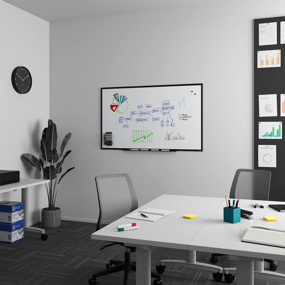 TRU RED Magnetic Steel Dry Erase Board, 5 ft x 3 ft, Black Frame