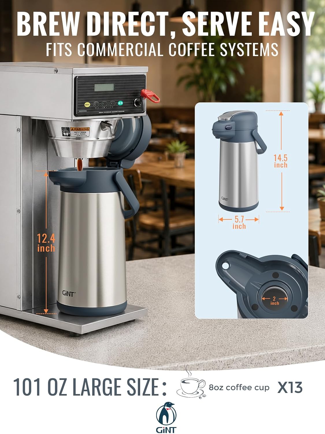 GiNT 101oz Airpot Coffee Dispenser with Pump, Insulated Coffee Carafe for Hot Liquids, Stainless Steel Vacuum Insulated Pump Dispenser for Hot/Cold Beverages, Home Office Commercial Outdoor Use(3L)