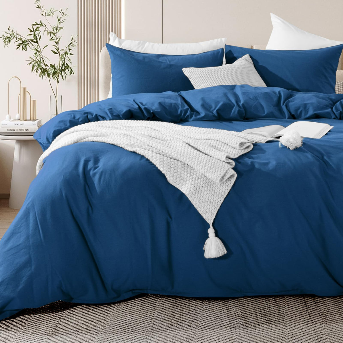NEXHOME PRO Duvet Cover Set Queen Size Linen Look Textured 100% Washed Cotton Duvet Cover Burgundy Dark Red 3 Pieces Bedding Set with Zipper Closure,Breathable, Soft Organic Natural(No Comforter)