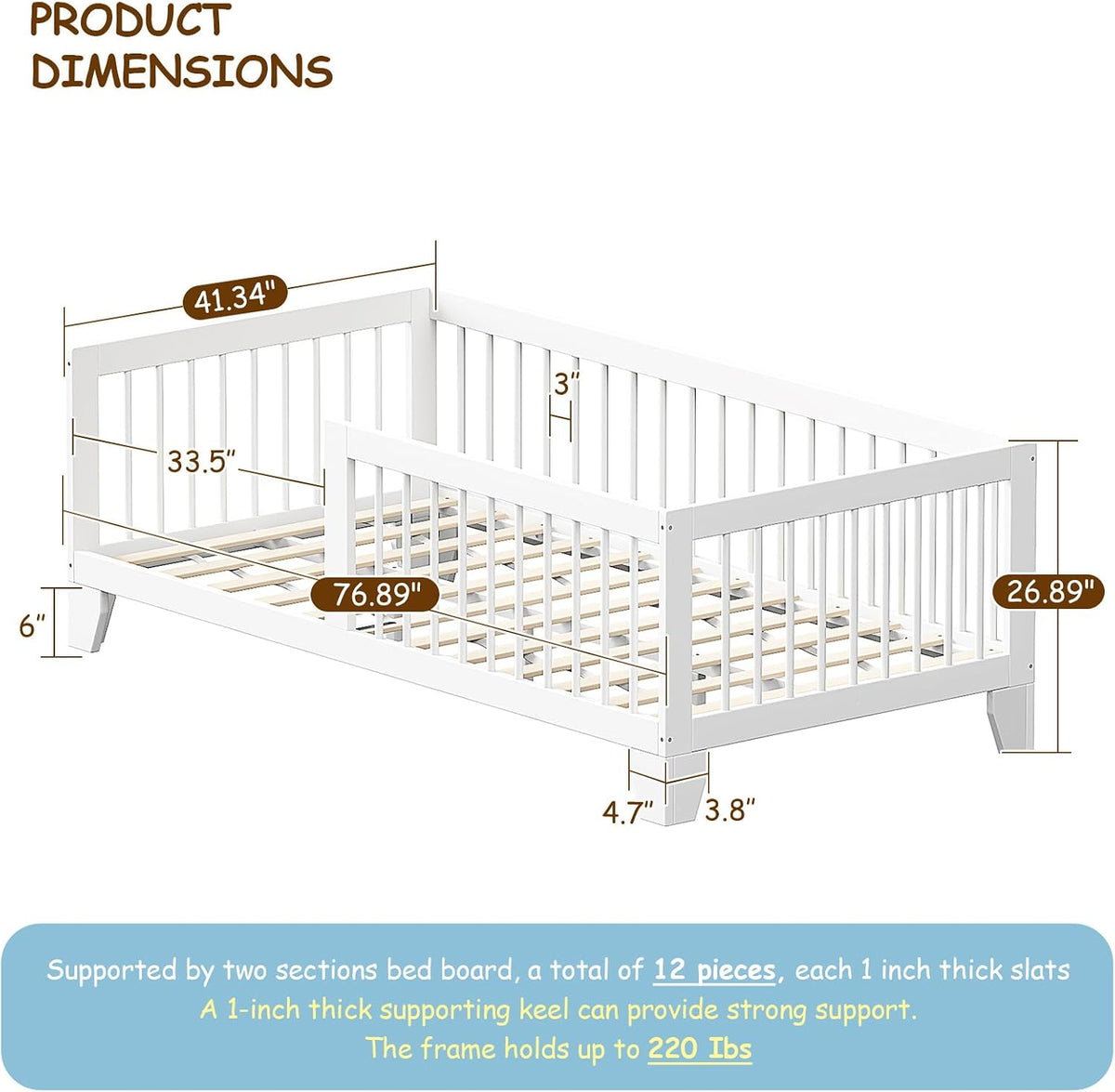 Montessori Toddler Bed, Variable Twin Floor Bed Frame with Removable Guardrails and Legs, Low Wooden Kids Bed with 12 Slats and Supporting keel, Crib-to-Bed Transition for Bedroom or Nursery, White