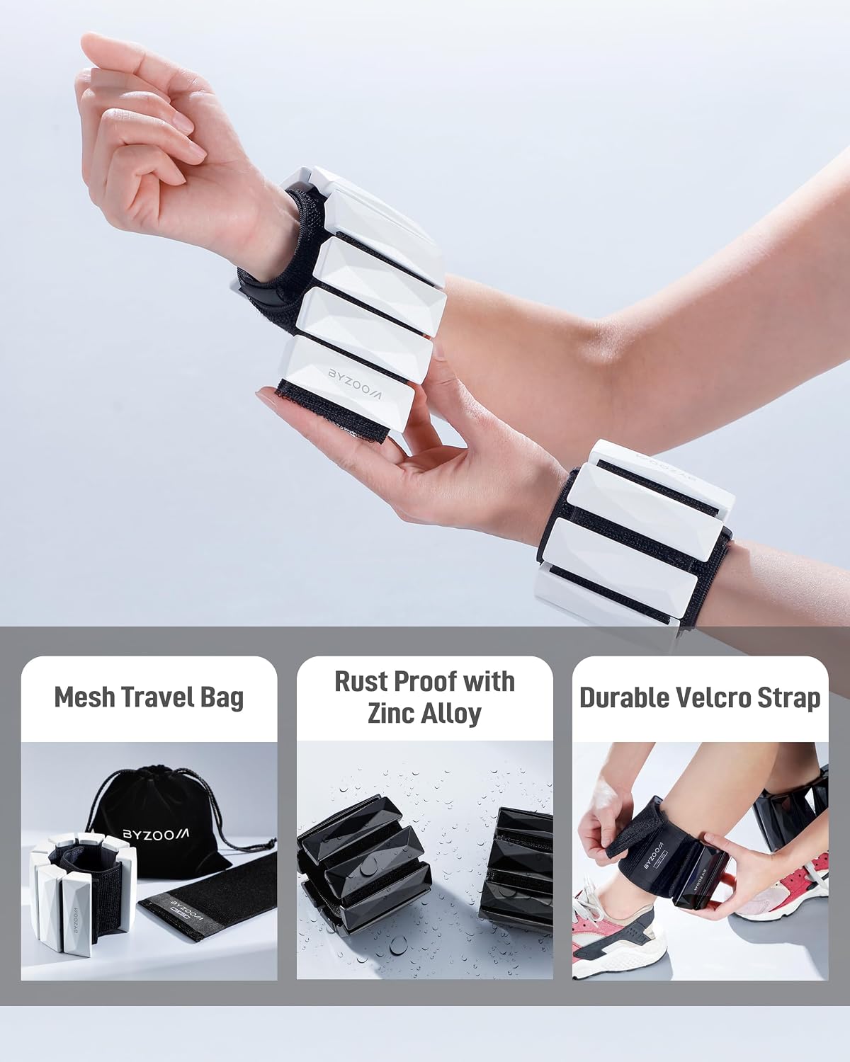 Byzoom Fitness Premium Zinc Alloy Wrist & Ankle Weights Weighted Bracelet 1.1LB / 2.2LB / 4.4LB Set of 2, Refined Resistance for Pilates, Yoga, and Sculpting, White or Black