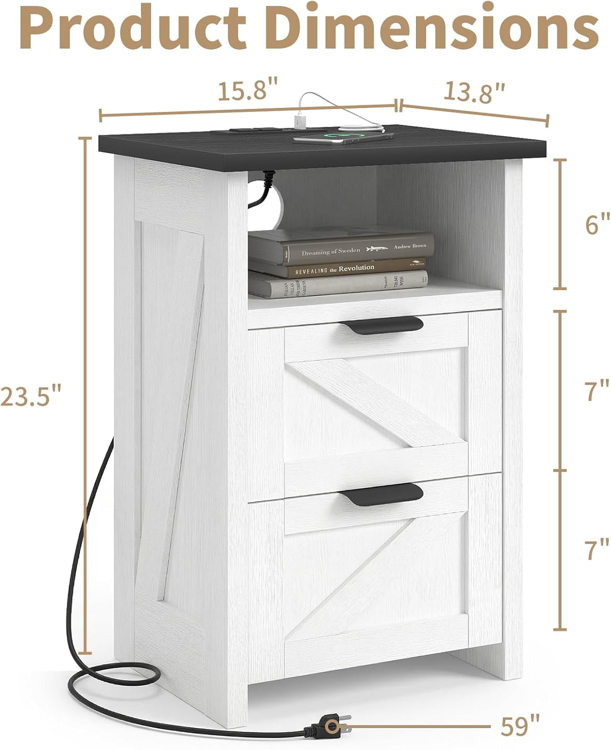 Farmhouse Night Stand Set of 2 with Charging Station, Bedside Table w/2 Drawers & Storage, Rustic End Tables for Bedroom, Living Room, Small Spaces, Home Office, White