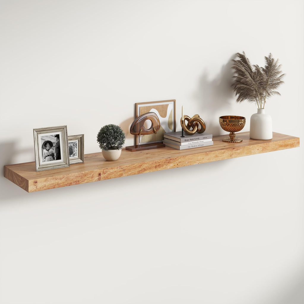 Live Edge Elm Floating Shelves - 24 In Rustic Solid Wood Shelves with Heavy-Duty Invisible Bracket, Wall-Mounted Wooden Shelf for Living Room, Bathroom, Kitchen Storage & Display, Set of 2, Natural