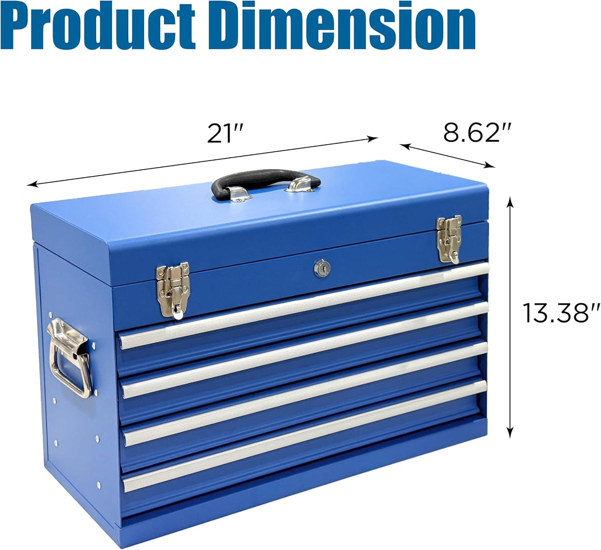 4 Drawers Metal Tool Box, 21" Portable Steel Tool Chest w/Key Lock&Latch Closure, Multi-Function Top Storage Tray Toolbox w/Powder Coating&Ball Bearing Slides (Style 1-4 Drawers - Blue)
