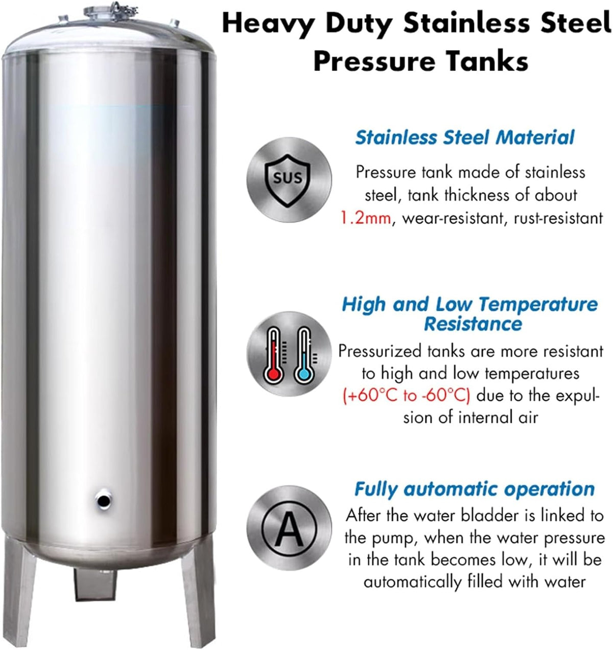 Large Well Sprinkler Systems Pressure Tank, Stainless Steel Pressurized Water Storage Containers/ Expansion Tank for Water Well Pump with Air Release Valve, 100L/160L/200L/250L/300L/400L Capacity ( Si