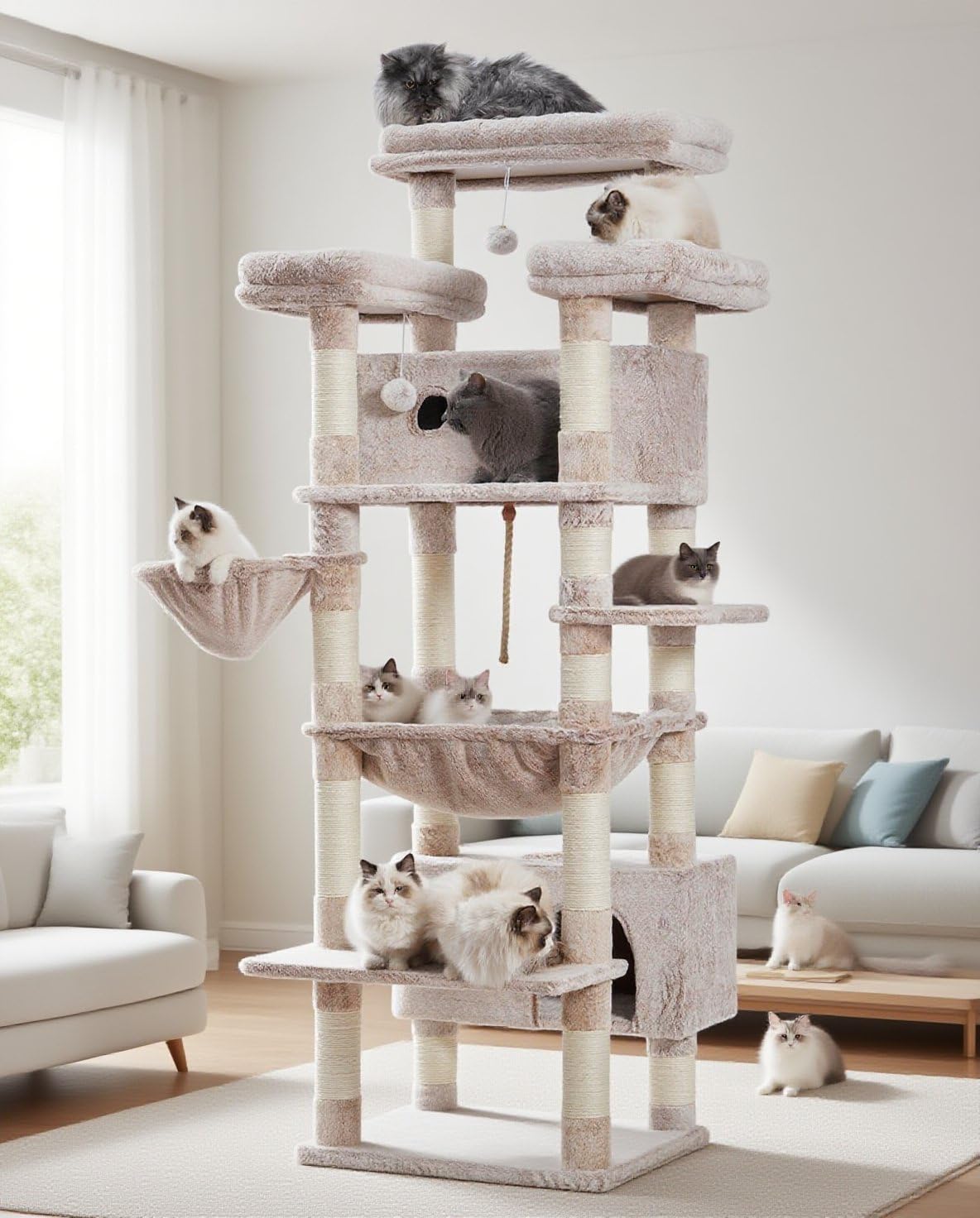 Gitelsnour Cat Tree, 74" Tower for Large Cats, Big Condo & Hammock GCT030W