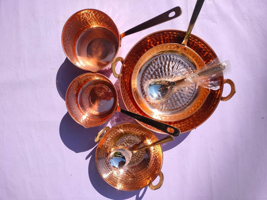 Pure cooper Cookware Set 10 Piece Set with Serving Spoon (Copper Sauce Pan Set | Copper Kadhai Set | Fry Pan) with Brass Handle for Cooking Purpose