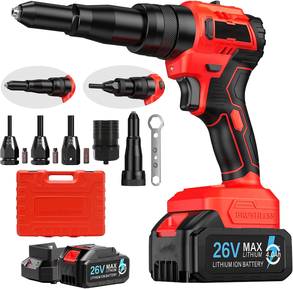 Cordless Rivet Gun,26V Portable Battery Powered Riveter Rivnut Insert Installation Tool with 2PCS Battery and Charger,Automatic Brushless Riveter Tool Kit for 1/8", 5/32", 3/16" Rivets (1 Battery)