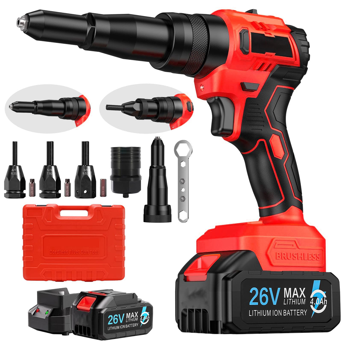 Cordless Rivet Gun,26V Portable Battery Powered Riveter Rivnut Insert Installation Tool with 2PCS Battery and Charger,Automatic Brushless Riveter Tool Kit for 1/8", 5/32", 3/16" Rivets (1 Battery)