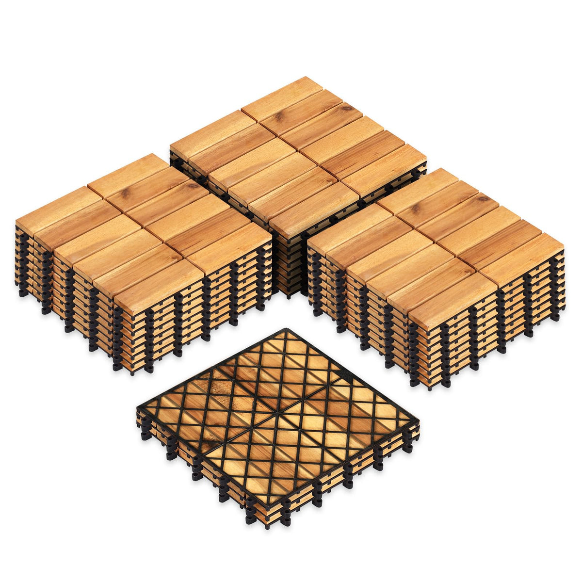 Goplus 12-Pack Acacia Wood Interlocking Deck Tiles (12 PCS,Brick)