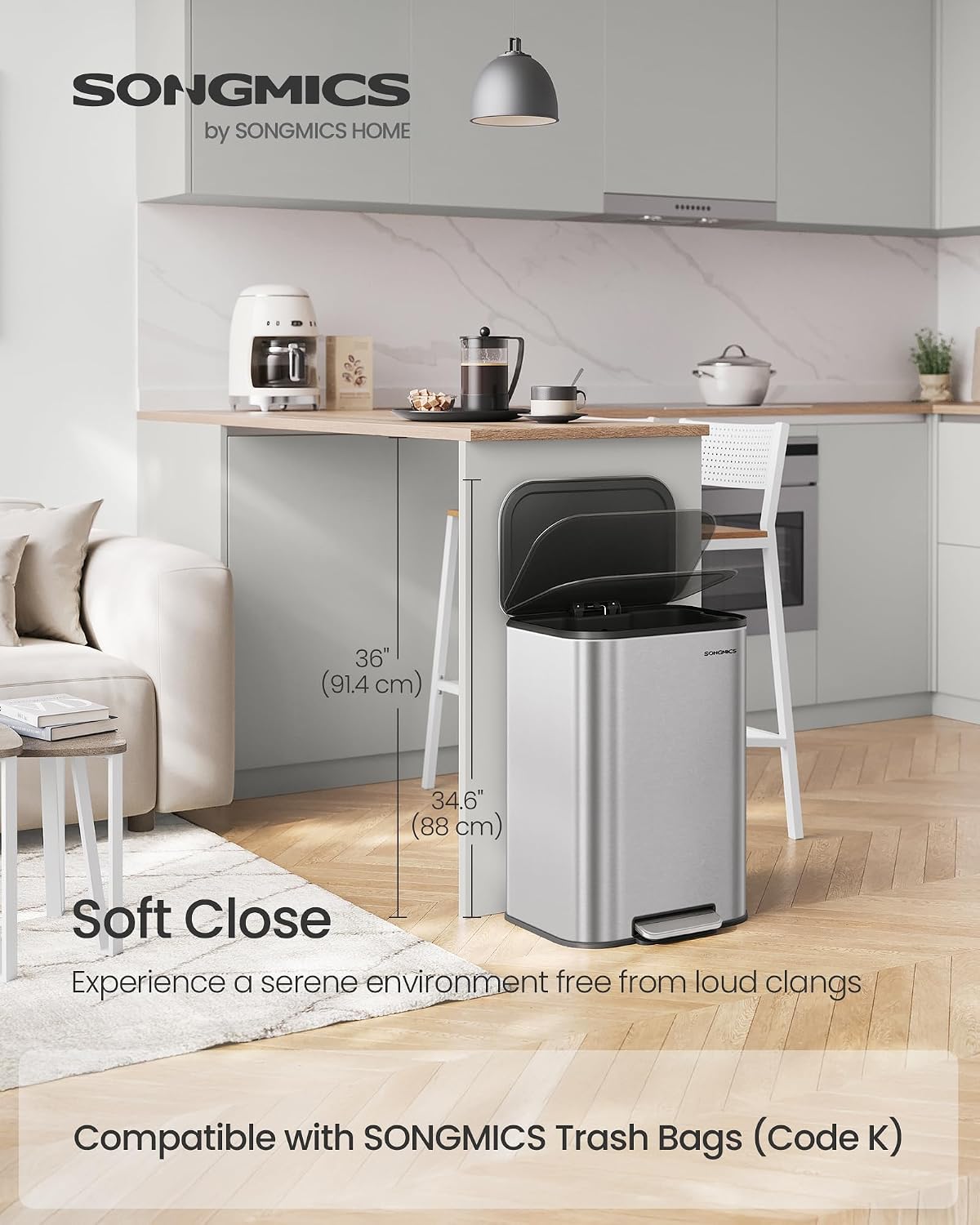 SONGMICS Kitchen Trash Can, 13-Gallon (50 L), Stainless Steel, Soft Close
