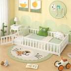 GIANTEX Twin Floor Bed with Fence for Kids, Wooden Montessori Bed Frame with Lockable Door & Guardrails, Low Floor Beds for Kids, Boys, Girls, No Box Spring Needed, Without Wood Slats, White
