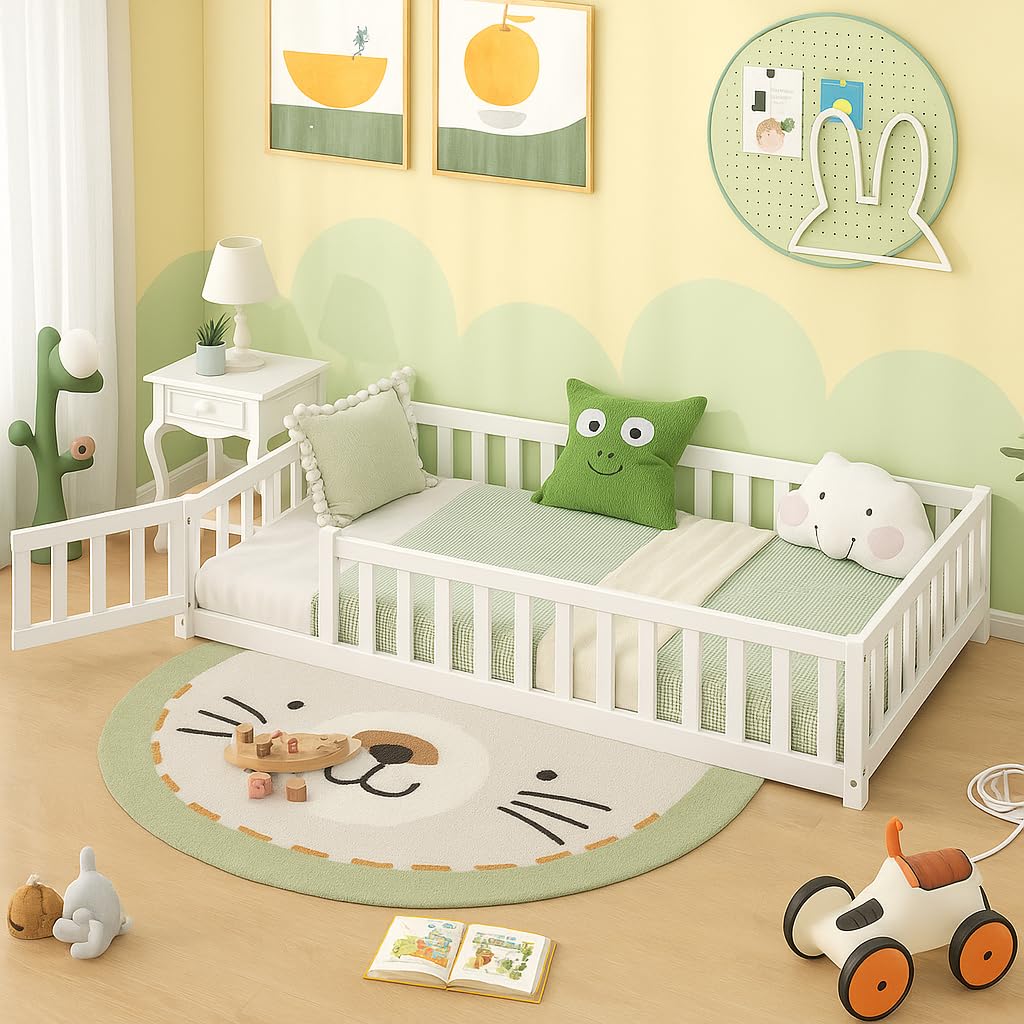 GIANTEX Full Size Floor Bed for Kids, Wooden Montessori Bed Frame with Bookcase, Storage Shelves & Safety Fence Rails, Floor Beds Full for Girls, Boys, No Box Spring Needed, Without Slats, Natural