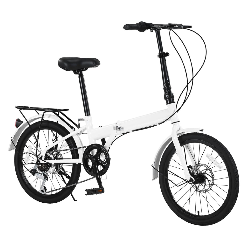 20-Inch Folding Bike, Foldable Bike for Adults Adjustable Seat Height & Elevable Handlebars Store in The Trunk 7-Gear Transmission Front and Rear Disc Brakes for Traveling