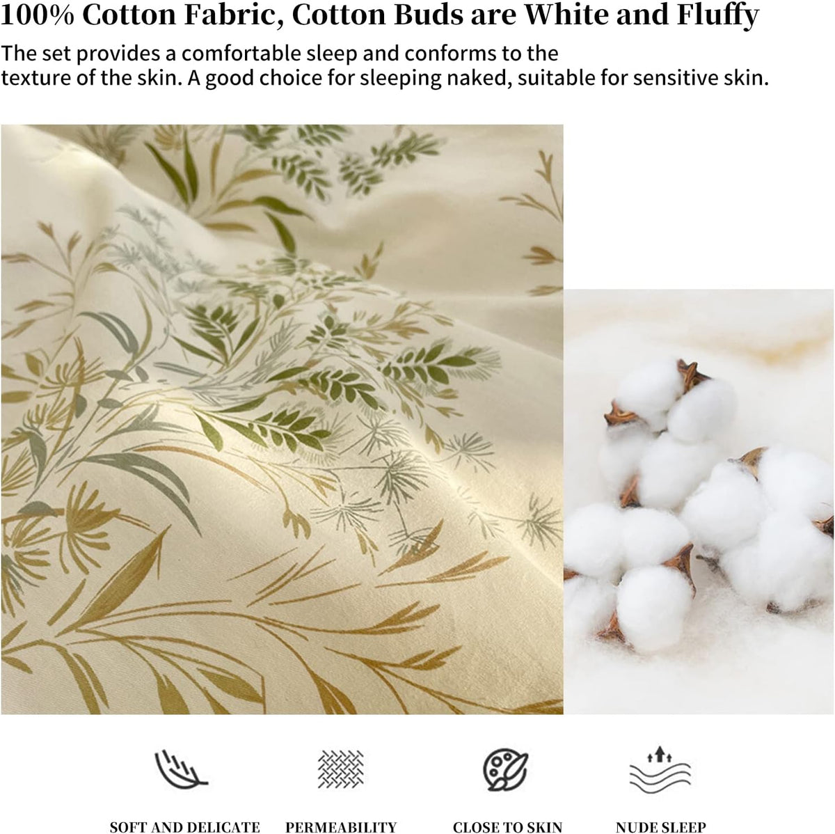 4pcs Duvet Cover Set- 100% Cotton Comfort Duvet Cover Set,Include a Duvet Cover,a Deep Pocket Fitted Sheet,2 Pillow Shams Home Bedding with Zipper Closure for All Season (Queen, Floral)
