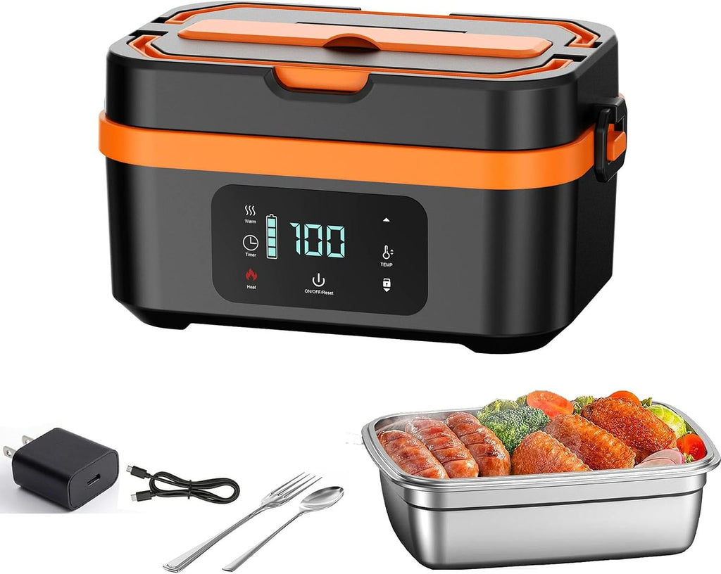 Cordless Heated Lunch Box, 30,000mAh Rechargeable Electric Lunch Box with Automatic Heatings Timer & Adjustable Heating, 5.7 Cup Portable Food Heater Warmer Office Car Outdoor (Black/Orange)