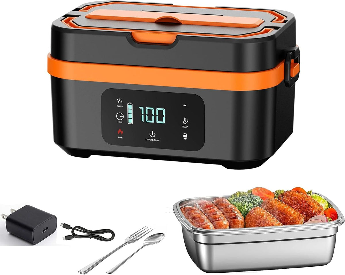 Cordless Heated Lunch Box, 30,000mAh Rechargeable Electric Lunch Box with Automatic Heatings Timer & Adjustable Heating, 5.7 Cup Portable Food Heater Warmer Office Car Outdoor (Black/Orange)