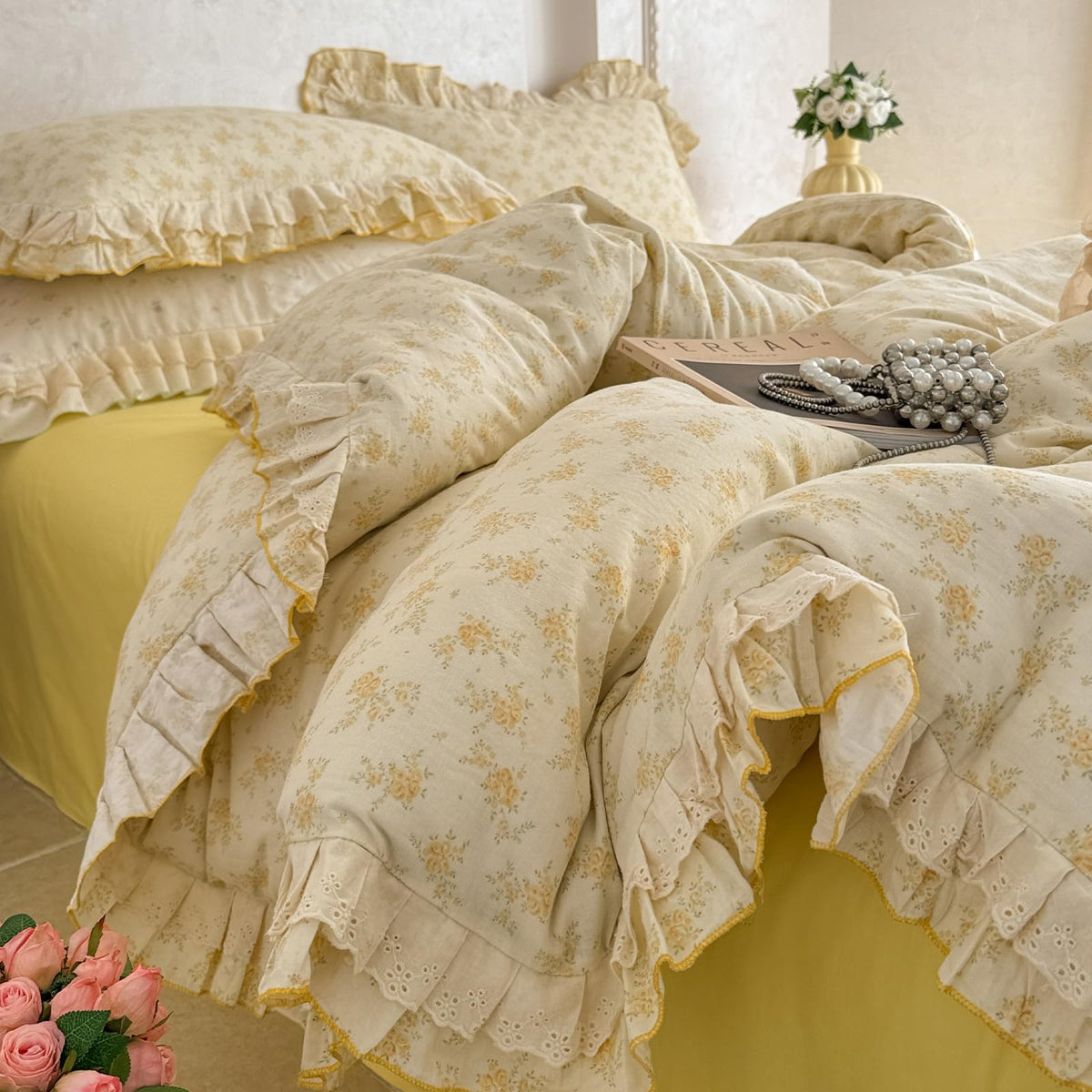 Floral Duvet Cover Set Muslin Cotton Queen(90"x90"),Pink Flower
