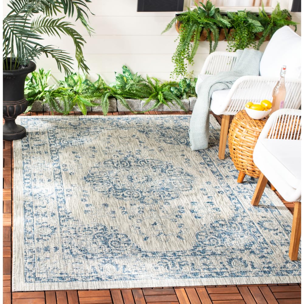SAFAVIEH Washable Rug Outdoor Courtyard Collection - 6'7" Square, Grey & Navy, Non-Shedding & Easy Cleaning, Ideal for Patio, Backyard, Mudroom (CY8679-368)