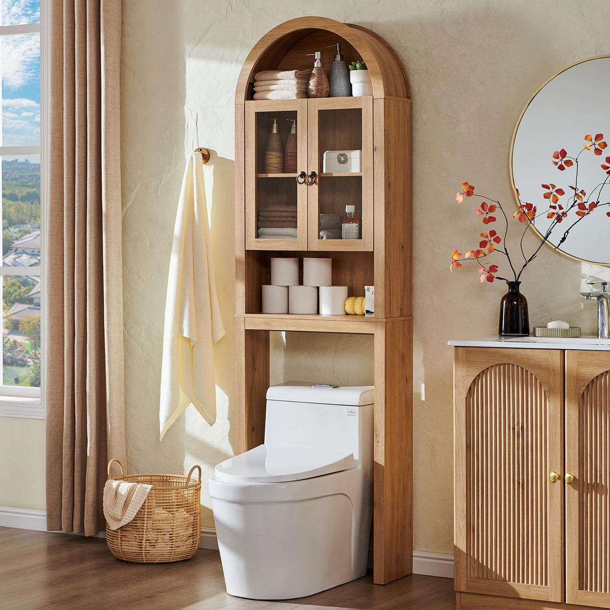 IFGET Arched Over The Toilet Storage Cabinet w/Acrylic Doors, Antique White