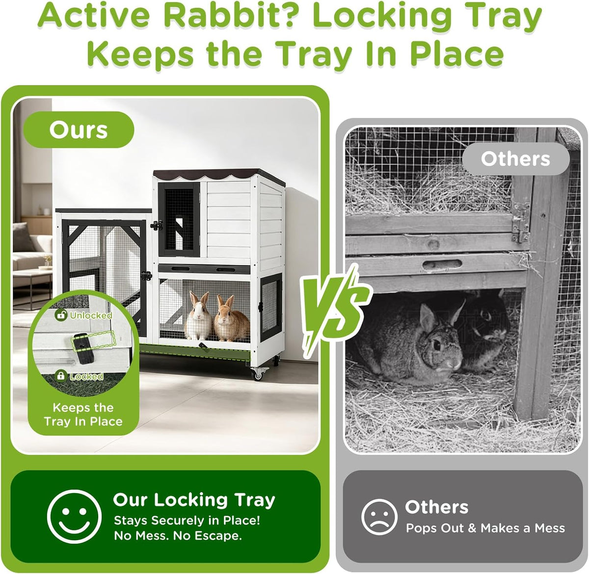 Gutinneen 2-Story Rabbit Hutch Bunny cage with Chew-Proof Ramp, Locking Leak-Proof Trays - Indoor/Outdoor 39.3" Wooden Rabbit Cage with Wheels for Rabbits, Guinea Pigs, Small Animal (Black and White)