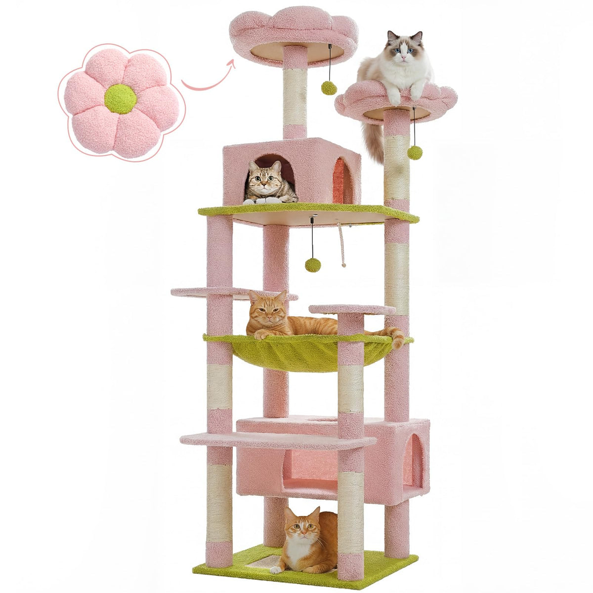 PAWZ Road Flower Cat Tree 72" Cat Tower with Condos&Hammock for Large Cats
