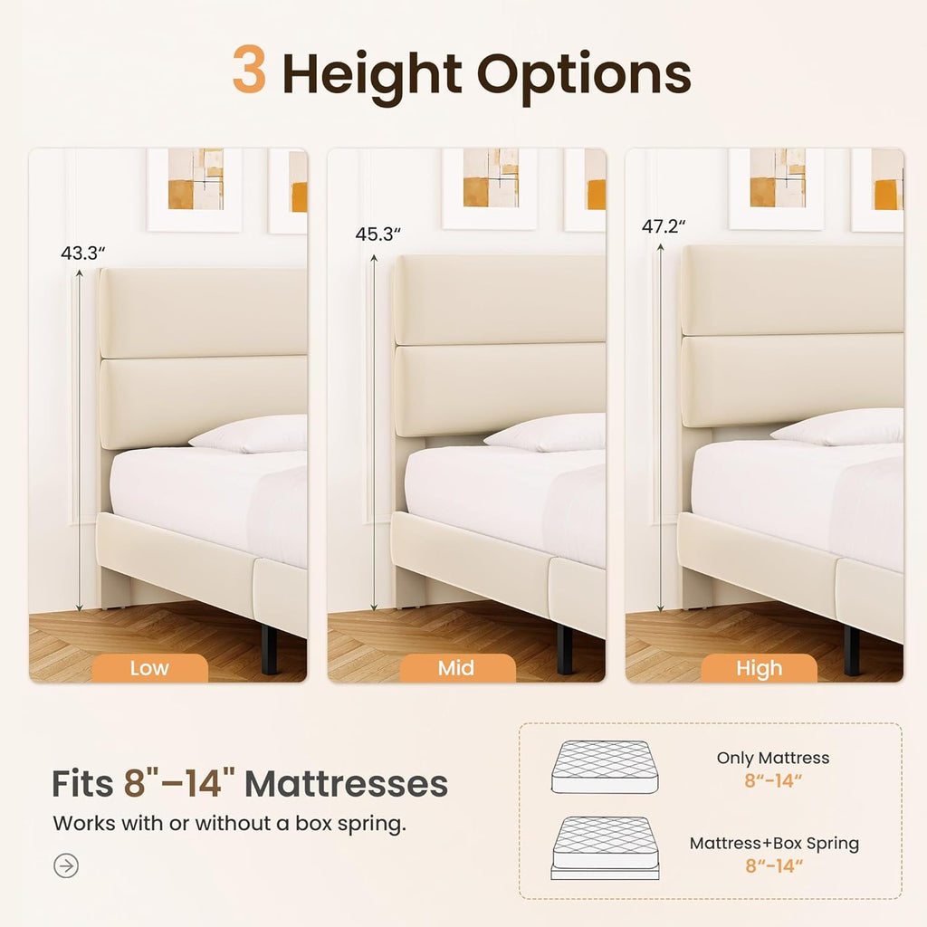 GRUSIGN King Size Platform Bed Frame with Velvet Headboard, Adjustable Height Wooden Slats Support, Upholstered Mattress Foundation, Fits Mattress or Mattress with Box Spring, Easy Assembly, Beige