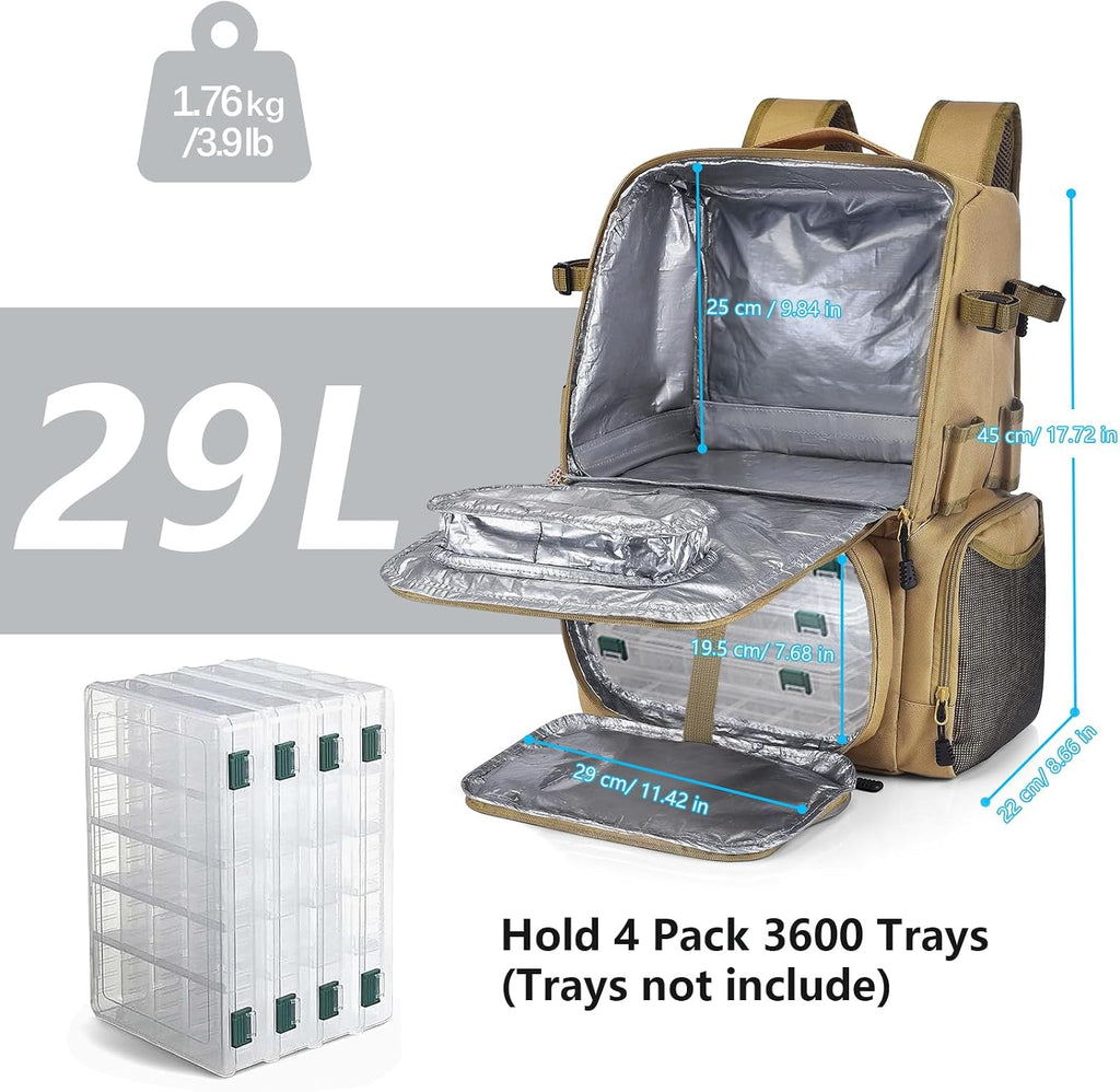 29L Multi-Compartment Fishing Tackle Backpack with 4 Rod Holder, Integrated Cooler and Rain Cover