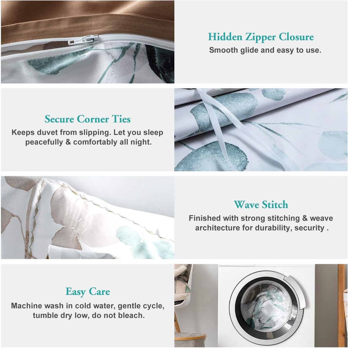 MILDLY White Floral Green Leaves Luxury Duvet Cover Set 3pcs King