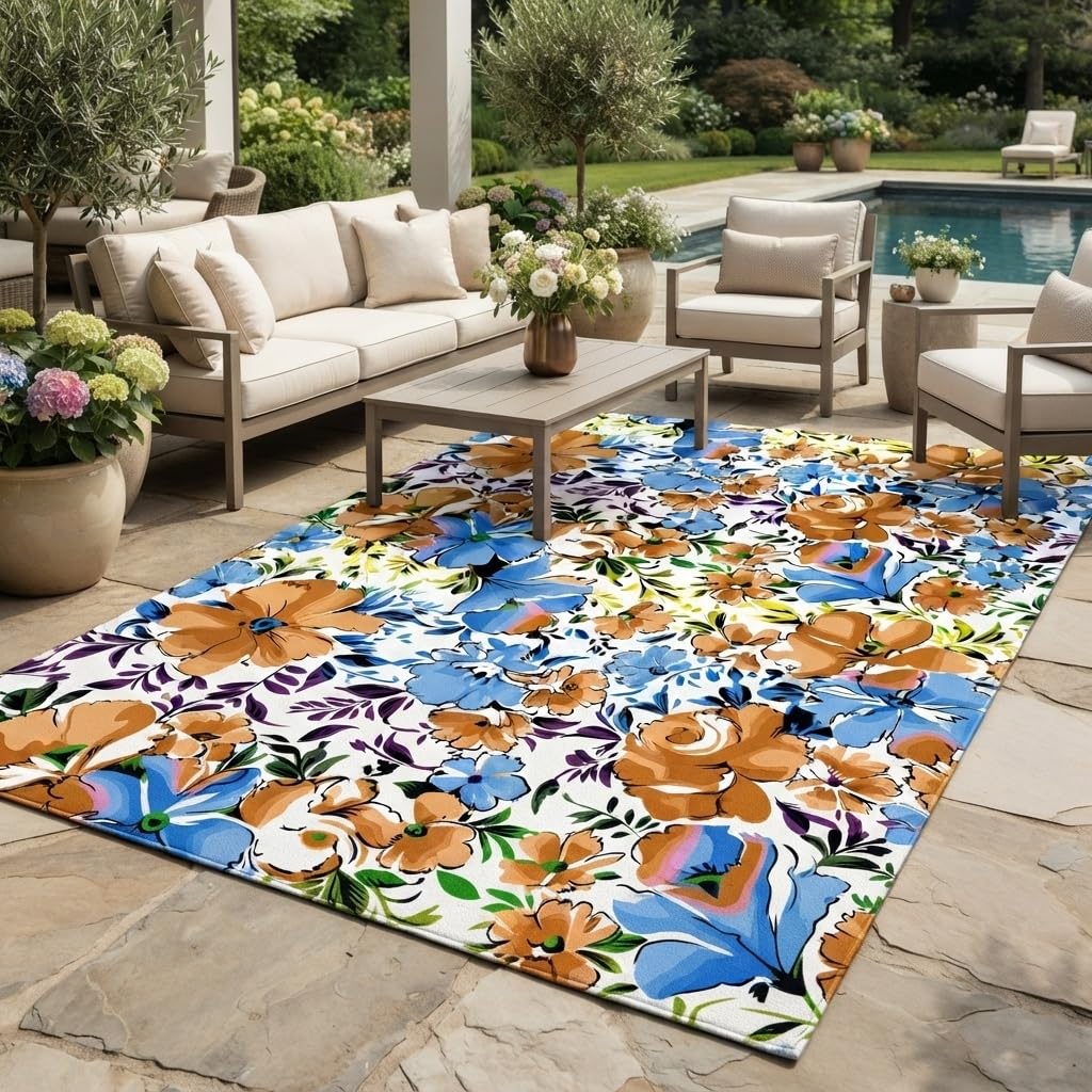 Beautiful Elegant Multicolor Outdoor Rug 7x10 Natural Floral Butterfly Texture Waterproof Thin No Shedding Easy Care Outside Rugs for Patios Deck Pool Garden Balcony Backyard Beach Floor Mat
