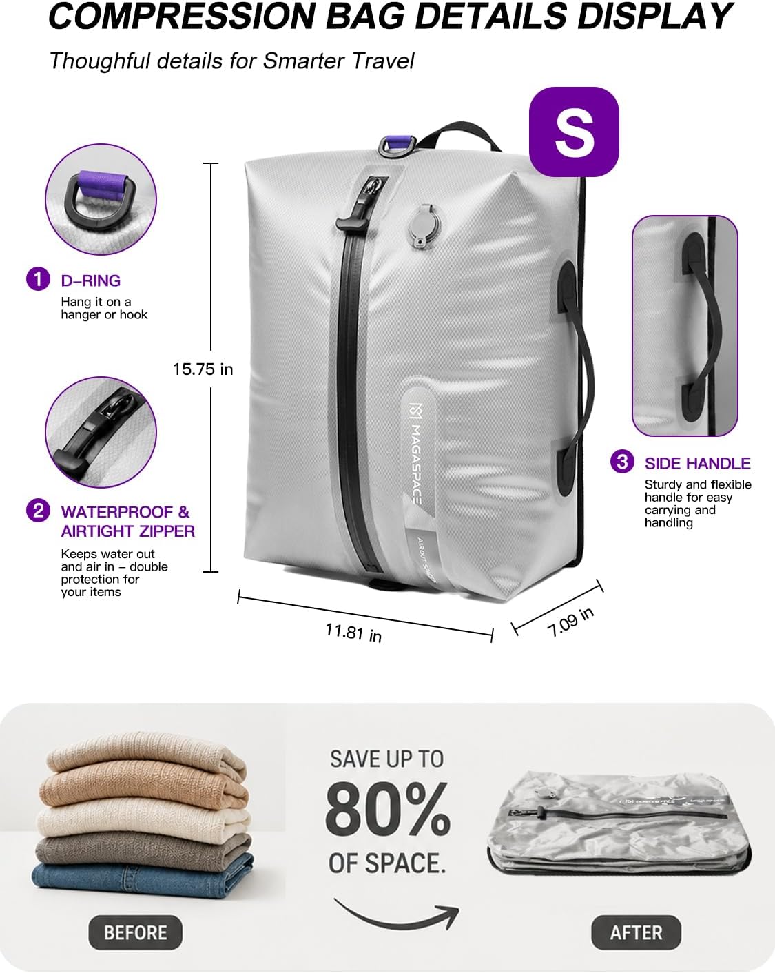 Vacuum Seal Bags for Travel with Pump, 21L Waterproof Compression Bags, Reusable Vacuum Storage Bags for Clothes, Travel Vacuum Kit Gift Set