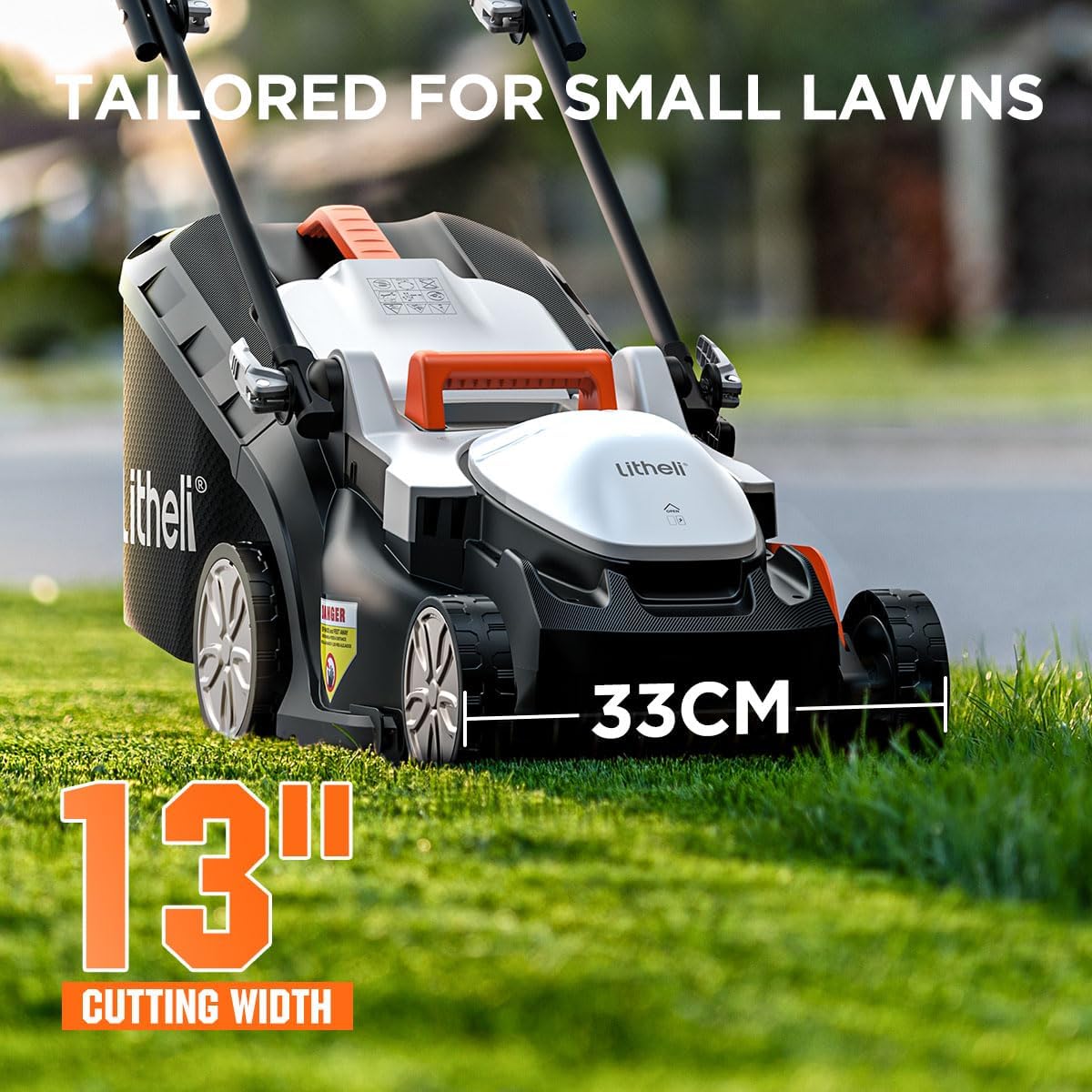 Litheli Electric Lawn Mower Cordless,Grass Cutter Machine for 1300 Sq. Ft. Lawnmower with 13 in Cutting Width, 8 Gallon Capacity, Cutting Height from 1 in to 2.5 in, Includes 1 4.0 Ah Battery
