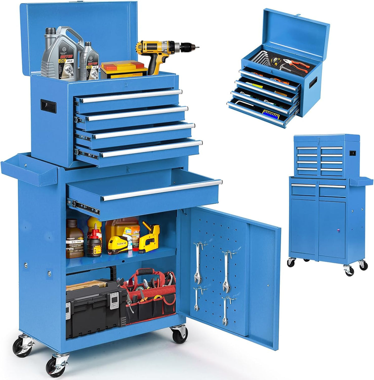 5-Drawer Rolling Tool Chest with Detachable Tool Box, Lockable Wheels, 4 Hooks, and Liner, Heavy-Duty Metal Tool Cart for Garage and Workshop Storage, Blue