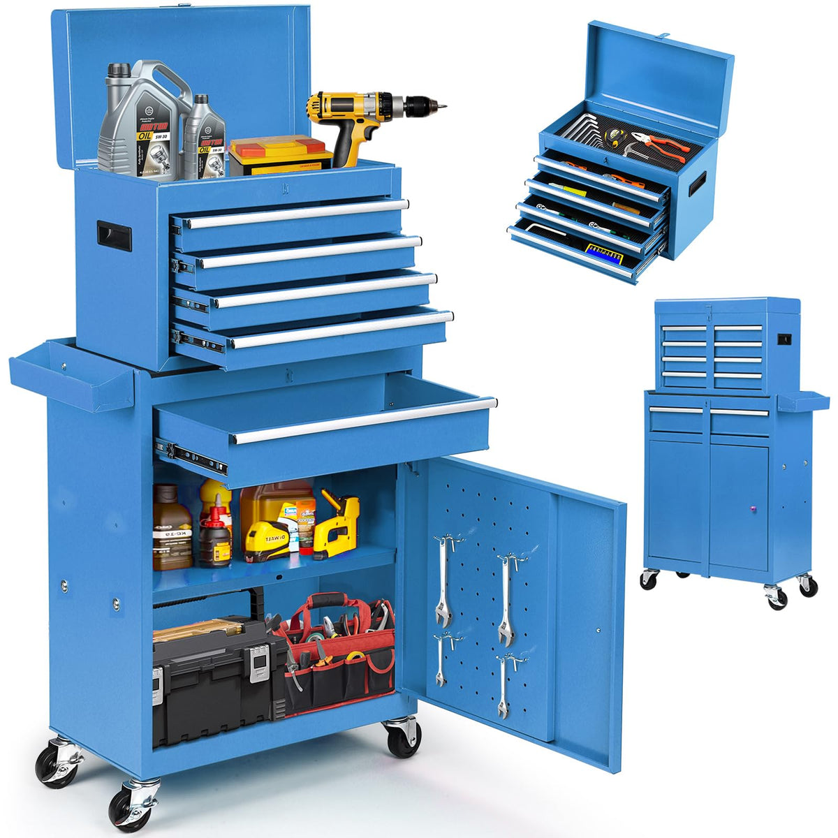 5-Drawer Rolling Tool Chest with Detachable Tool Box, Lockable Wheels, 4 Hooks, and Liner, Heavy-Duty Metal Tool Cart for Garage and Workshop Storage, Blue
