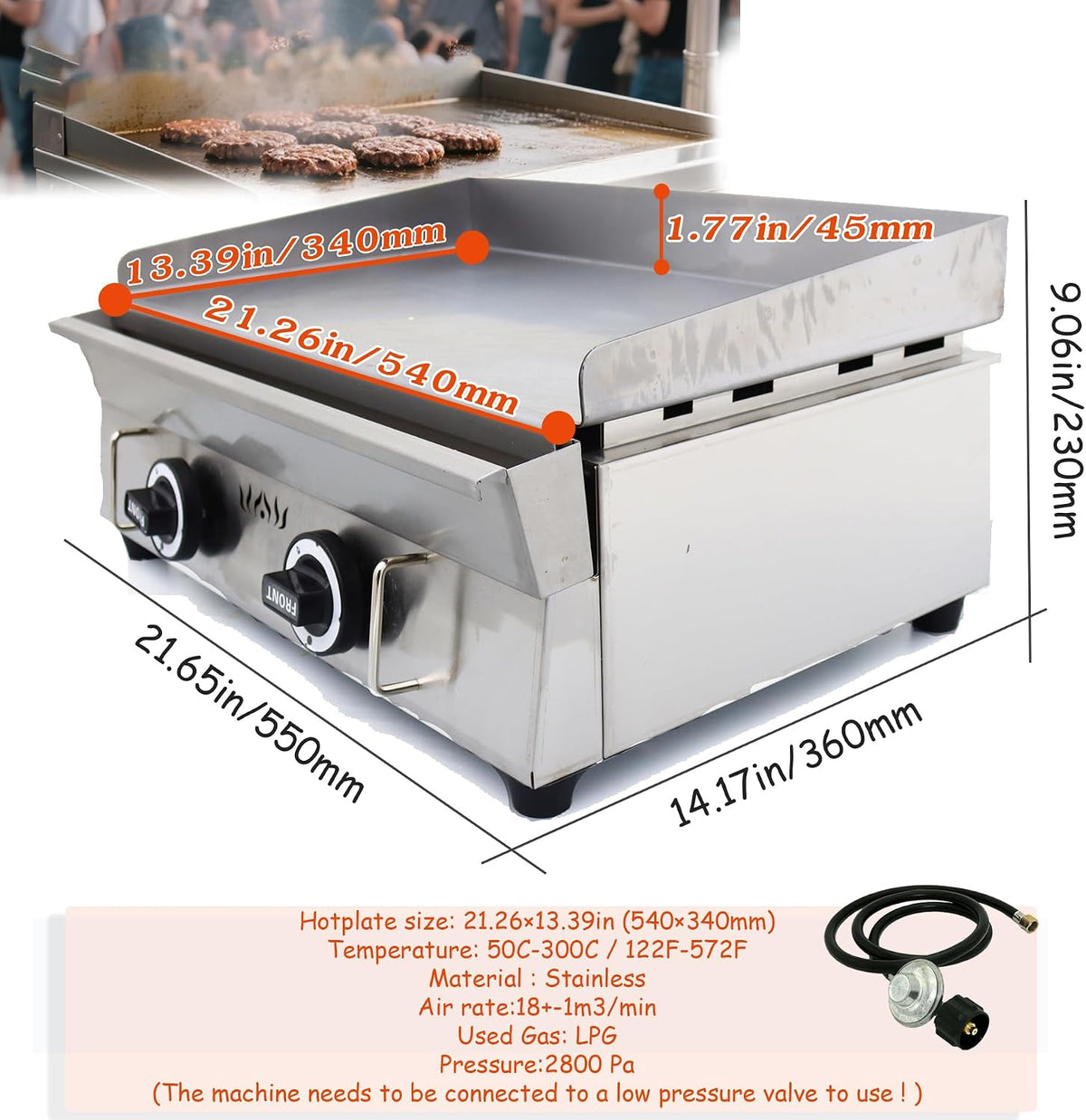 INTSUPERMAI LPG Gas Grill Griddle Countertop Griddle Flat Top Grill Hot Plate Stove Stainless Steel Teppanyaki Gril 2800Pa 21.26×13.39inch Plate Separately Adjustable Temperature Control