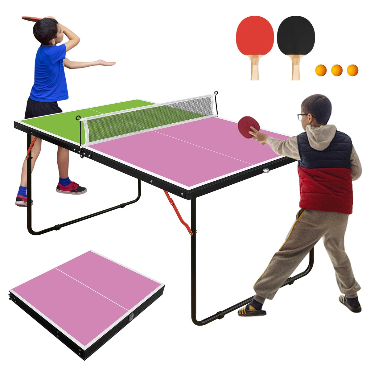4.5/6ft/9ft Mid-Size Portable Ping Pong Tables Set, Foldable Table Tennis Table with Net,2 Paddles & 3 Balls, Multi-Use Free Standing Ping Pong Table for Indoor/Outdoor