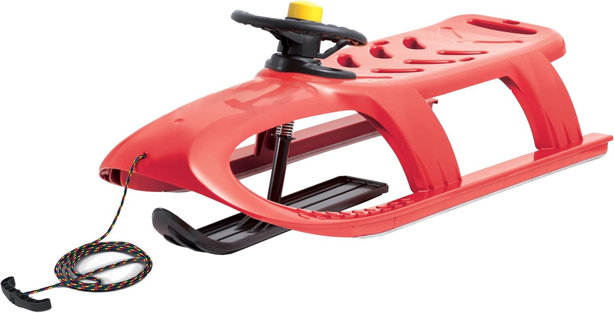 Snow Sled for Kids - SnowRush Sledge - Single Rider Racer Toboggan with Pull Rope and Steering Wheel; Outdoor Plastic Winter Sleigh for Toddlers & Kids