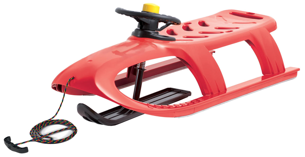 Snow Sled for Kids - SnowRush Sledge - Single Rider Racer Toboggan with Pull Rope and Steering Wheel; Outdoor Plastic Winter Sleigh for Toddlers & Kids