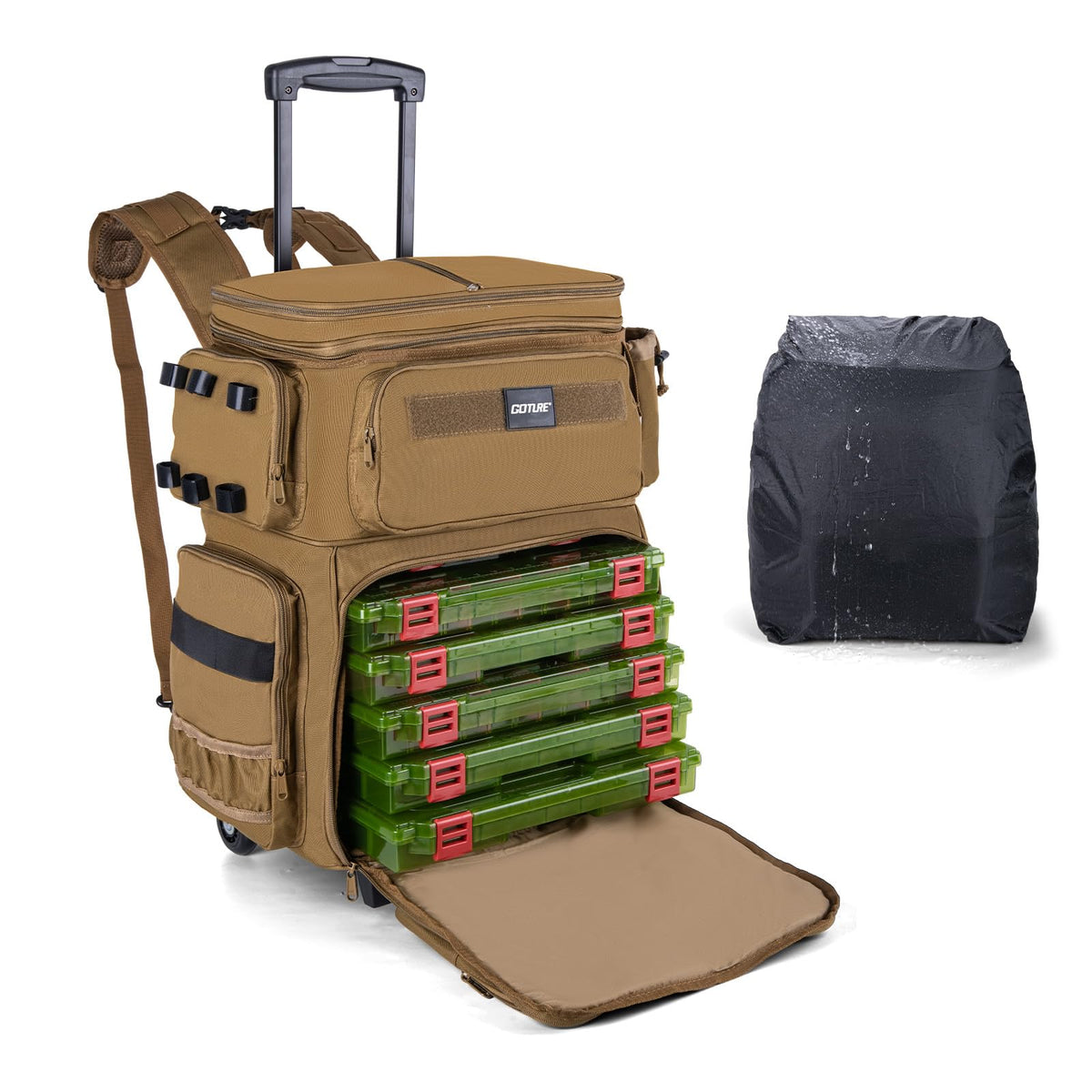 Goture 66L Rolling Tackle Box w/Cooler, Khaki Large Fishing Bag w/Wheels