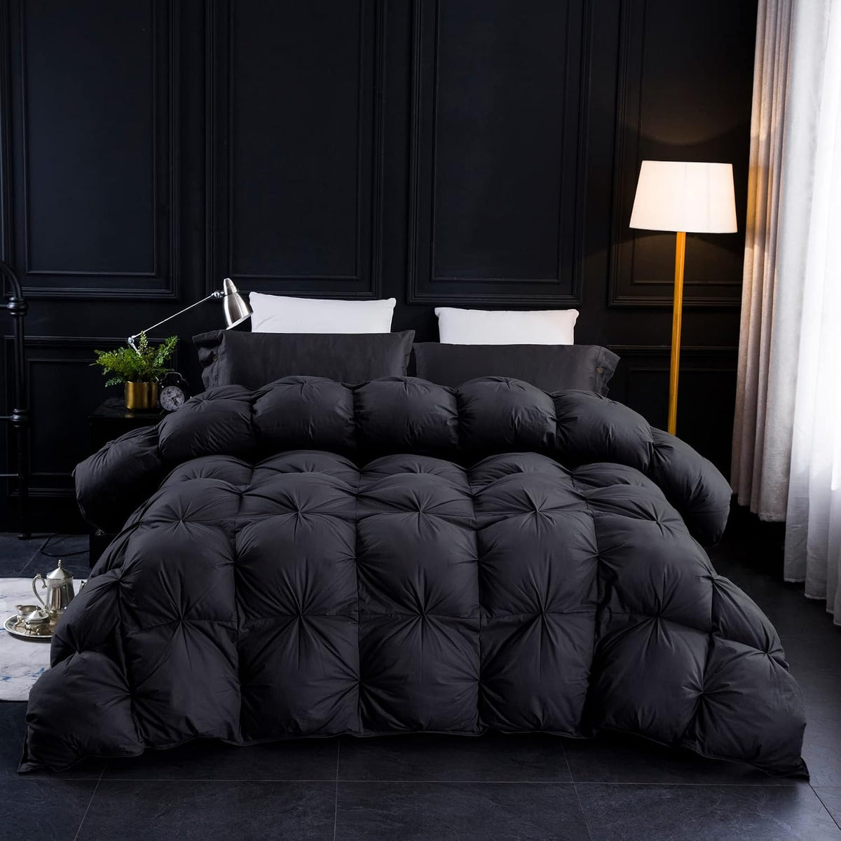 Three Geese Pinch Pleat Waterfowl Feathers and Down Comforter Queen Size Duvet Insert, 1200TC 100% Cotton Fabric, Premium All Seasons BlackGrey Warm Hotel Comforter with 8 Tabs.
