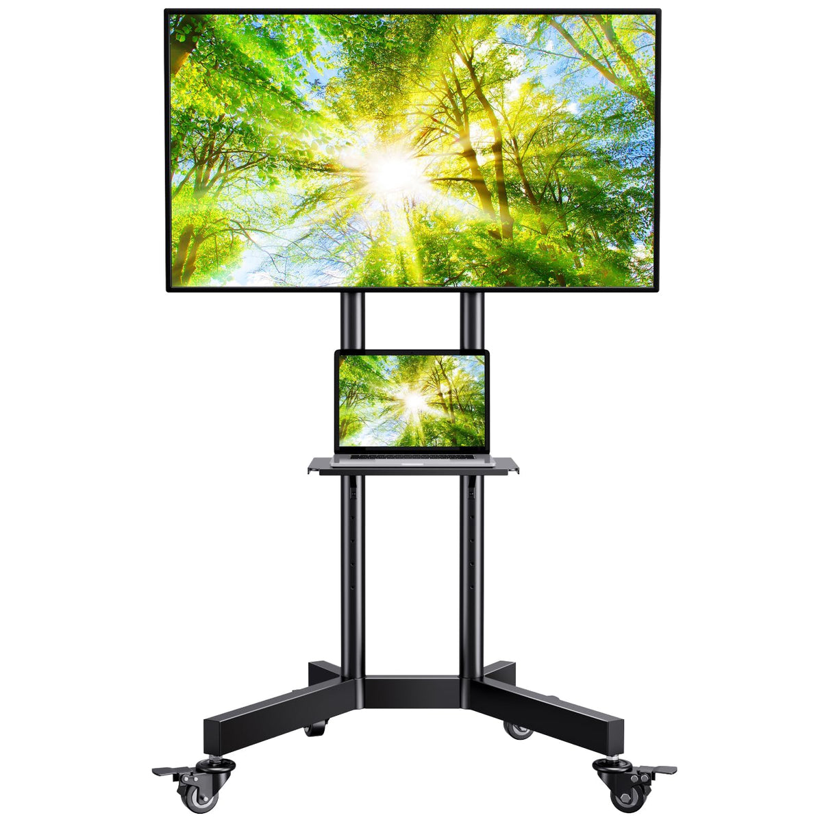 PERLESMITH Rolling TV Stand on Wheels for 32-83 Inch Screens up to 110lbs, Mobile TV Cart Height Adjustable Portable Outdoor TV Stand Tilt Rolling TV Cart with Shelf Max VESA 600x400mm PSTVMC03