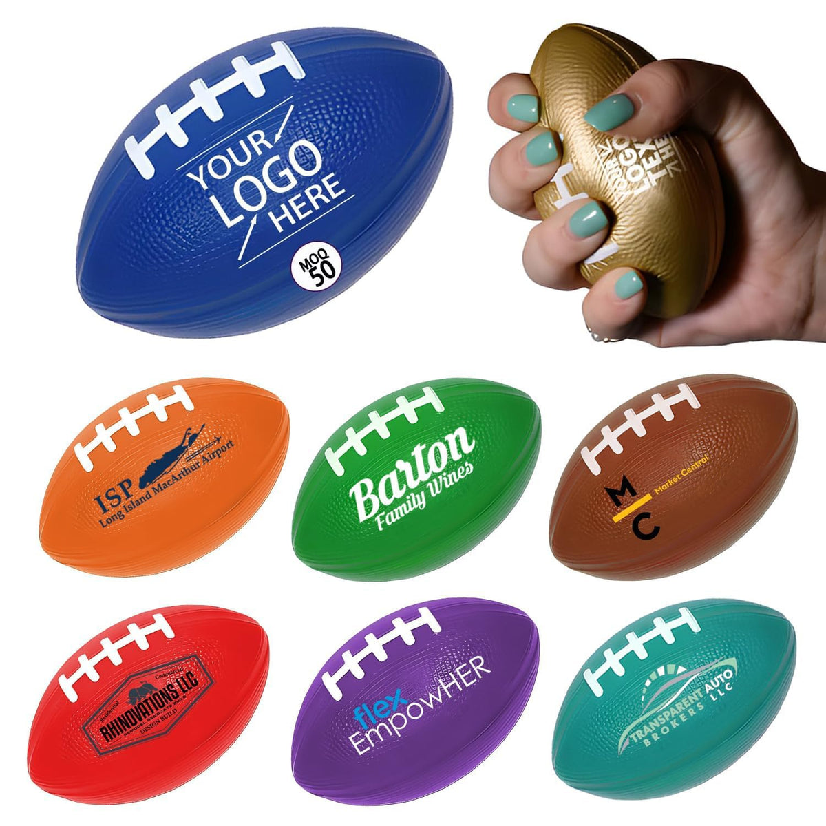 Custom Football Grip Strengthener with Logo–PU Foam Squeeze Ball for Stress Relief,Hand Exercise & Office Fidget.