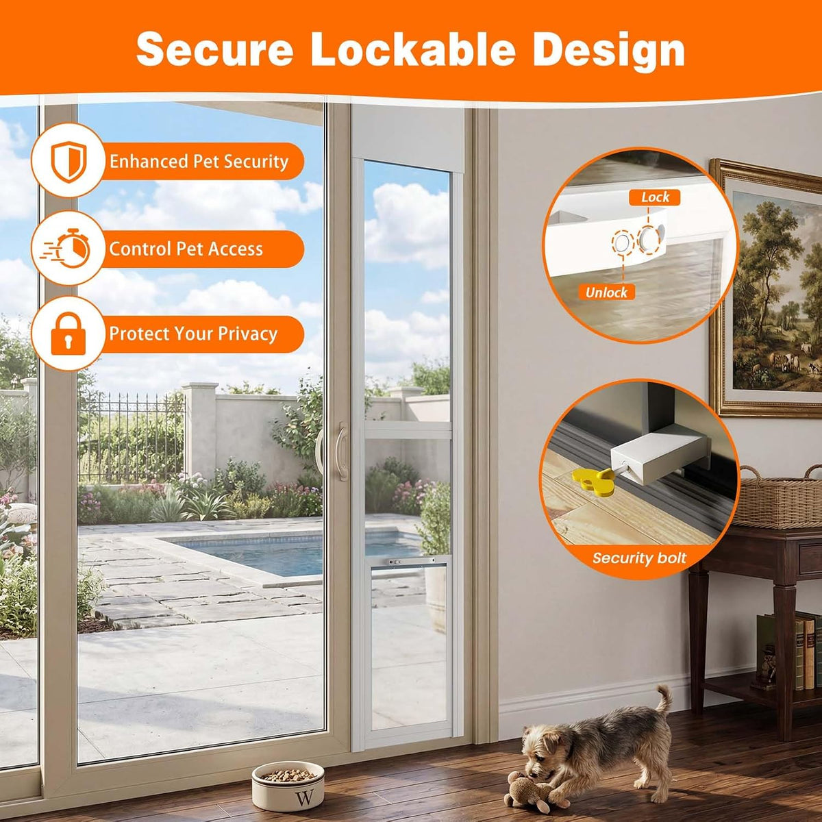 Dog Door for Sliding Glass Doors, 74.8'' to 80.7'' Height Adjustable Pet Door with 13.38'' Wide & 16.1" × 10.2" Pet Opening, Insert Pet Door with Security Lock for Small & Medium Dogs